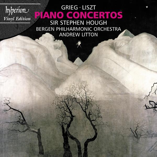 Albumcover mit Bergen, Bäumen und Text. Der Titel lautet "Piano Concertos" mit Künstlernamen. Ein Vinyl-Edition-Logo ist sichtbar.