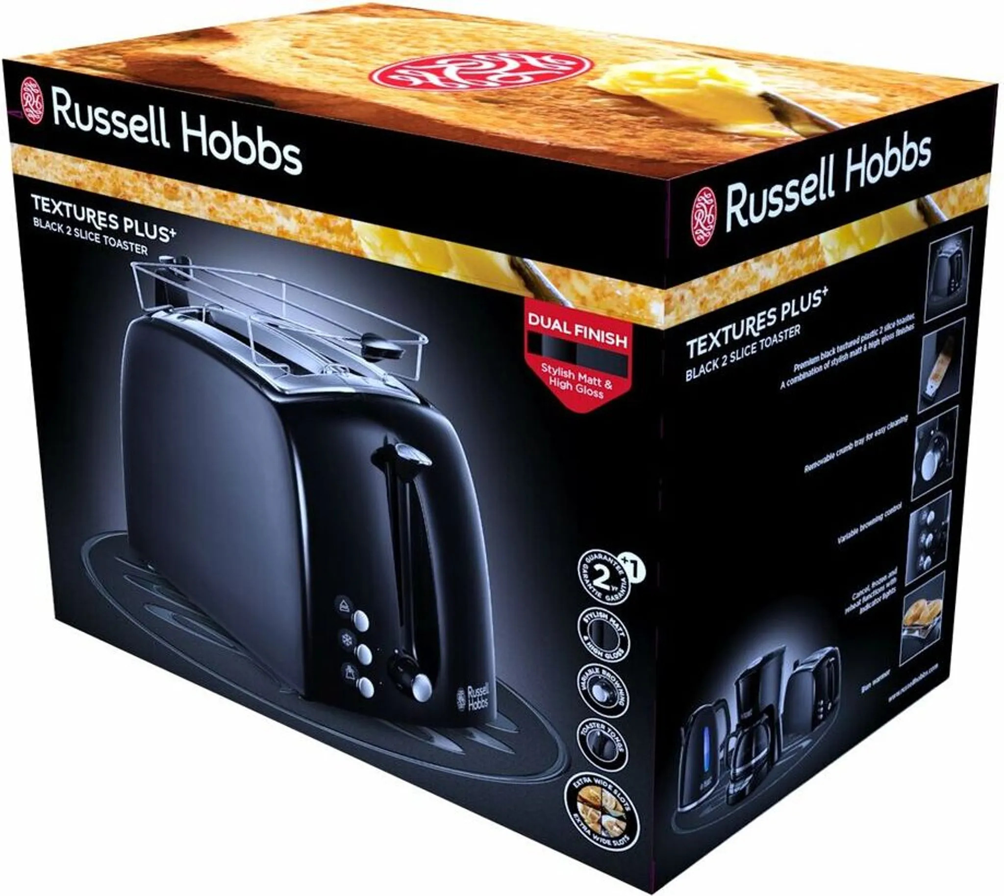 Czarne pudełko tostera Russell Hobbs. Pudełko przedstawia toster i tosty. Tekst zawiera 'Textures Plus' i 'toster na 2 kromki'.