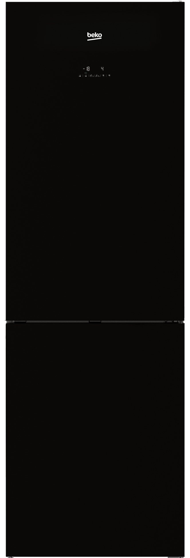 Czarna lodówka Beko. Posiada cyfrowy wyświetlacz pokazujący -18 i 4. Logo znajduje się na górze.