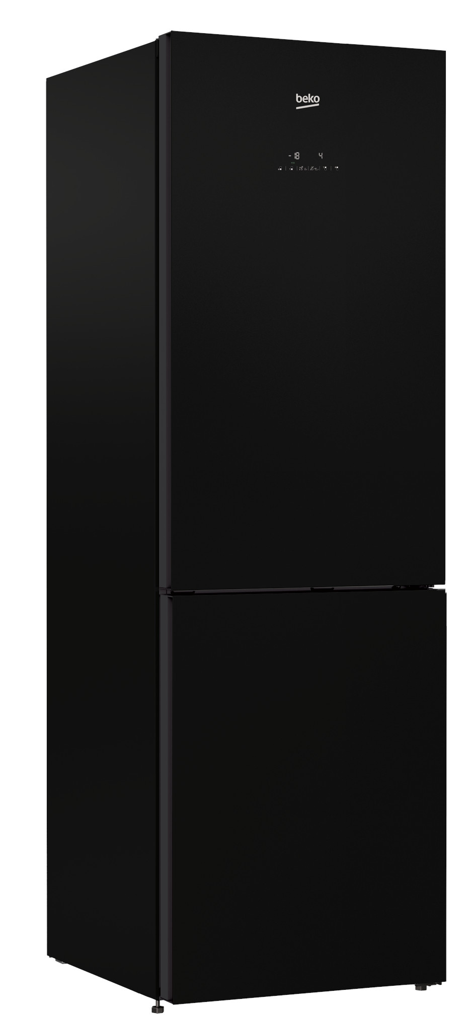 Czarna lodówka Beko. Ma dwoje drzwi, cyfrowy wyświetlacz z ustawieniami temperatury i logo Beko na górze.