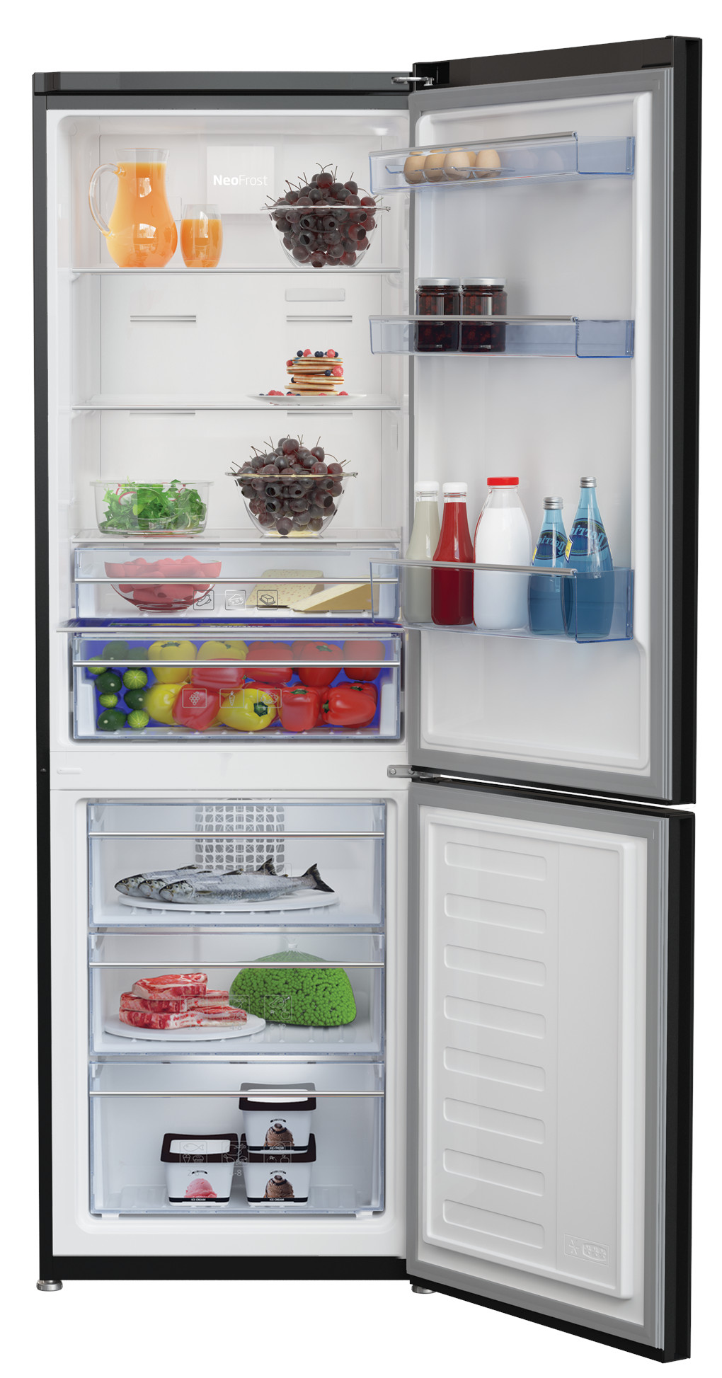 Otwarta lodówka z różnymi produktami spożywczymi: owoce, warzywa, napoje i mrożonki. Ma szklane półki i szuflady.