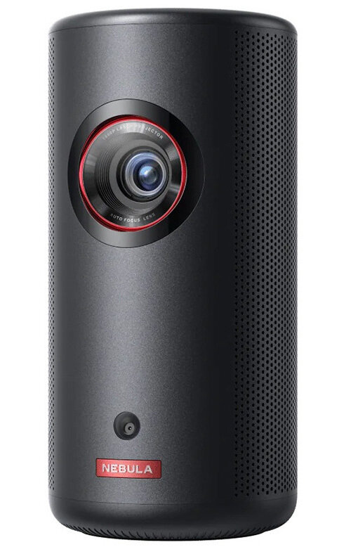 Czarny projektor cylindryczny z obiektywem i czerwonym pierścieniem. Z logo Nebula. Perforowane boki.