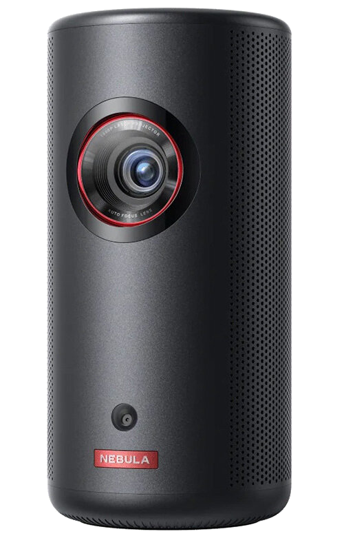 Czarny cylindryczny projektor z obiektywem i czerwonymi akcentami. Marka NEBULA widoczna na dole.