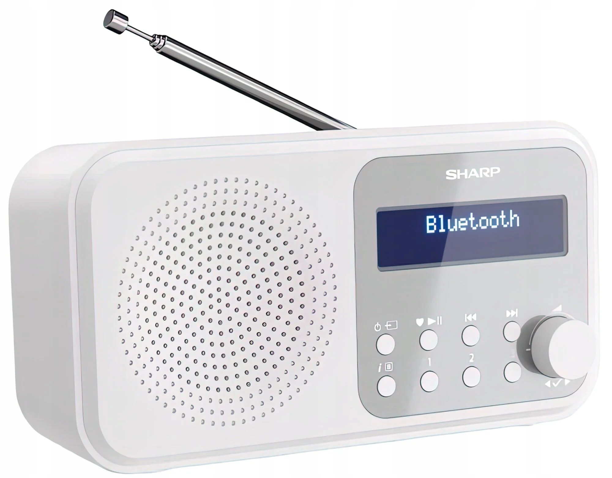 Białe radio Sharp z anteną, ekranem z napisem 'Bluetooth', przyciskami i pokrętłem głośności.