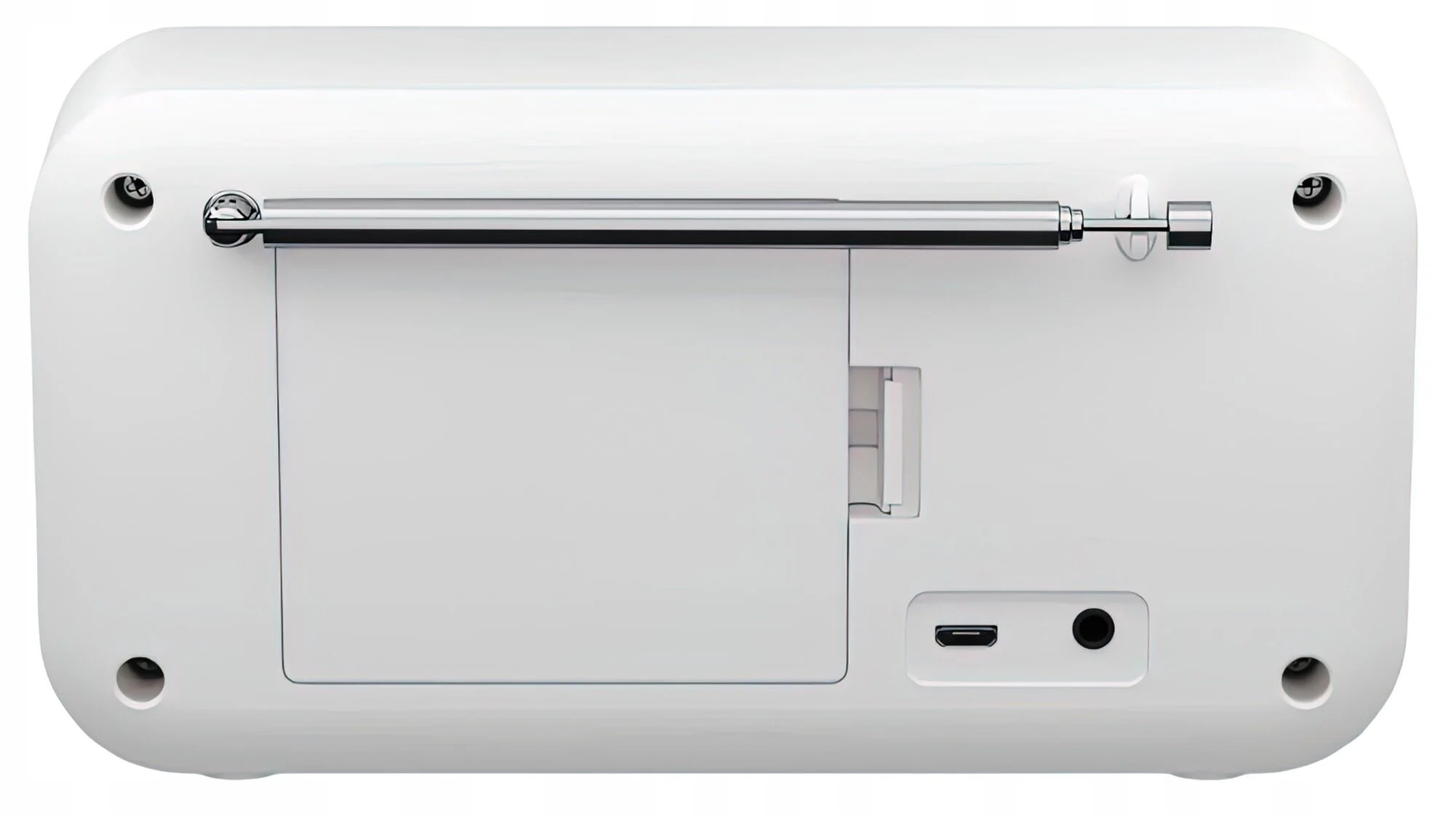 Białe radio z chowaną anteną i drzwiczkami. Posiada port ładowania i gniazdo audio.