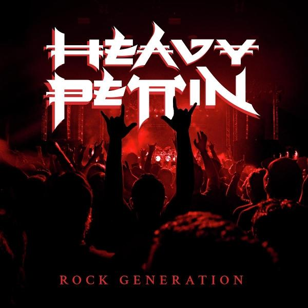 Das Bild zeigt eine rot getönte Konzernszene. Das Logo der Band 'Heavy Pettin' ist über einer Menge mit erhobenen Händen. Der Text lautet 'Rock Generation'.