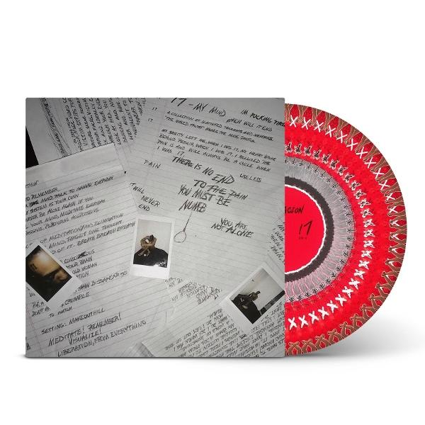 Albumcover mit handschriftlichen Notizen und einer roten Schallplatte. Fotos sind auf dem Cover. Text enthält "17 - MY MIND".