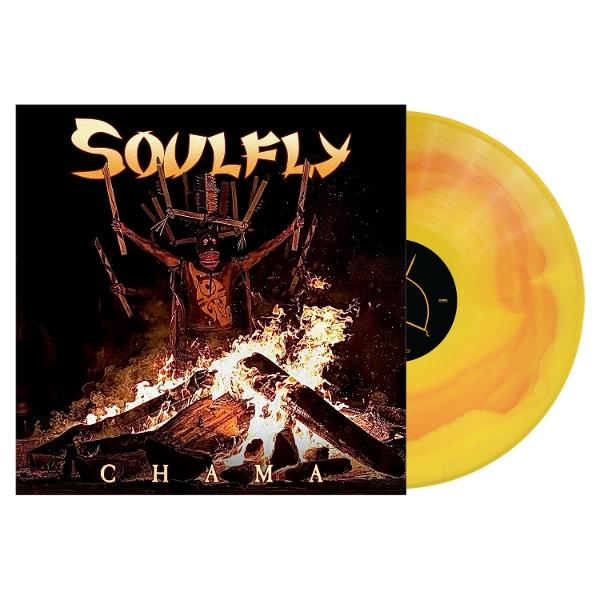 Albumcover mit Lagerfeuer, Figur mit erhobenen Armen und dem Wort SOULFLY. Rechts eine Vinyl-Schallplatte mit gelb-orangem Muster.