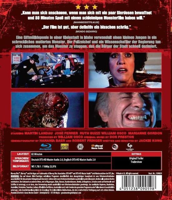Filmcover mit Monster und Schauspielergesichtern. Text enthält Filmtitel, Credits und eine kurze Zusammenfassung.