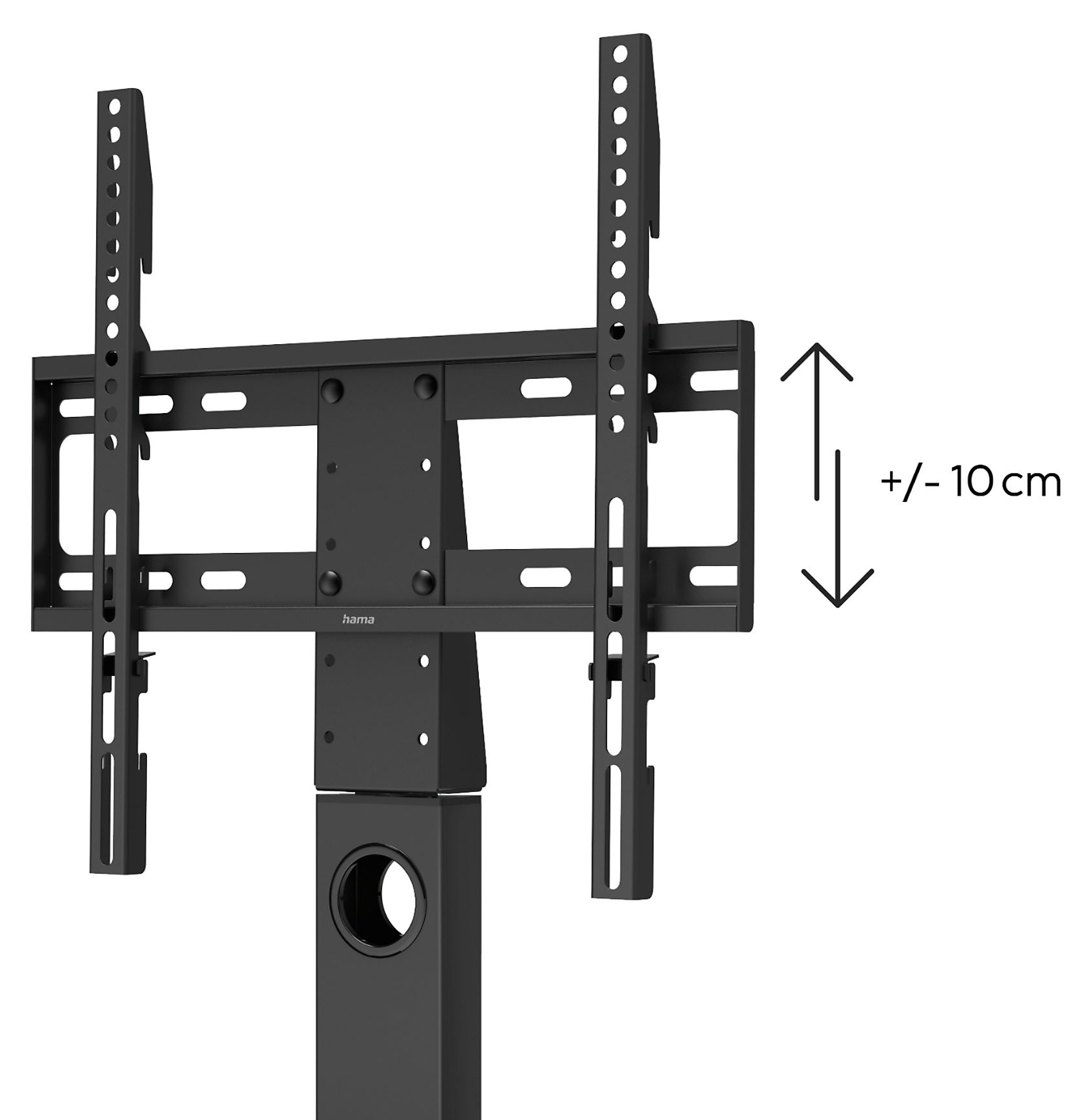 Czarny uchwyt TV pokazujący zakres regulacji. Zawiera podstawę, pionowy słupek i regulowane ramiona.