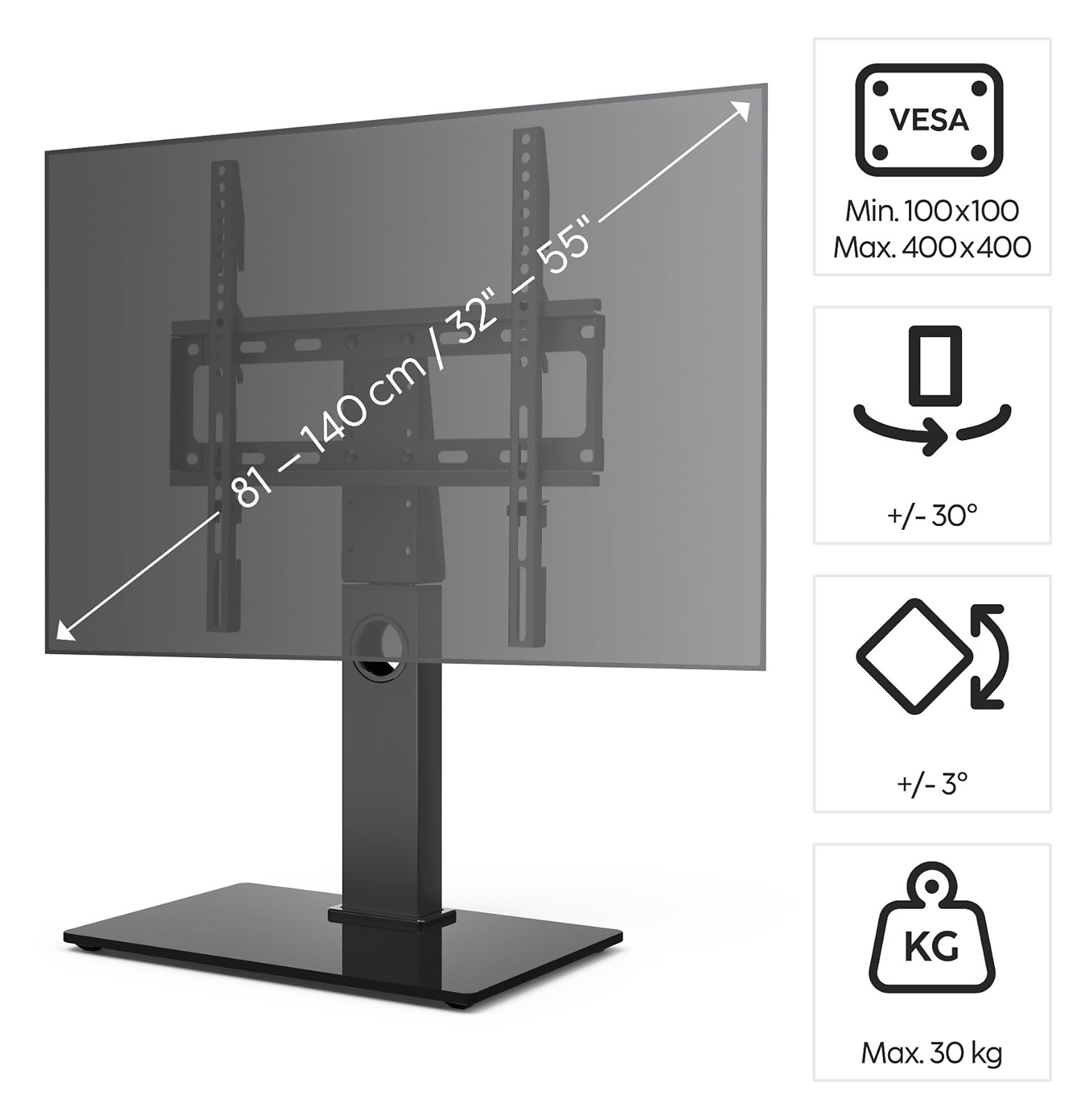 Czarny stojak TV o wymiarach 81-140 cm/32-55 cali. Posiada kompatybilność VESA, pochylenie i obrót oraz maksymalną wagę 30 kg.