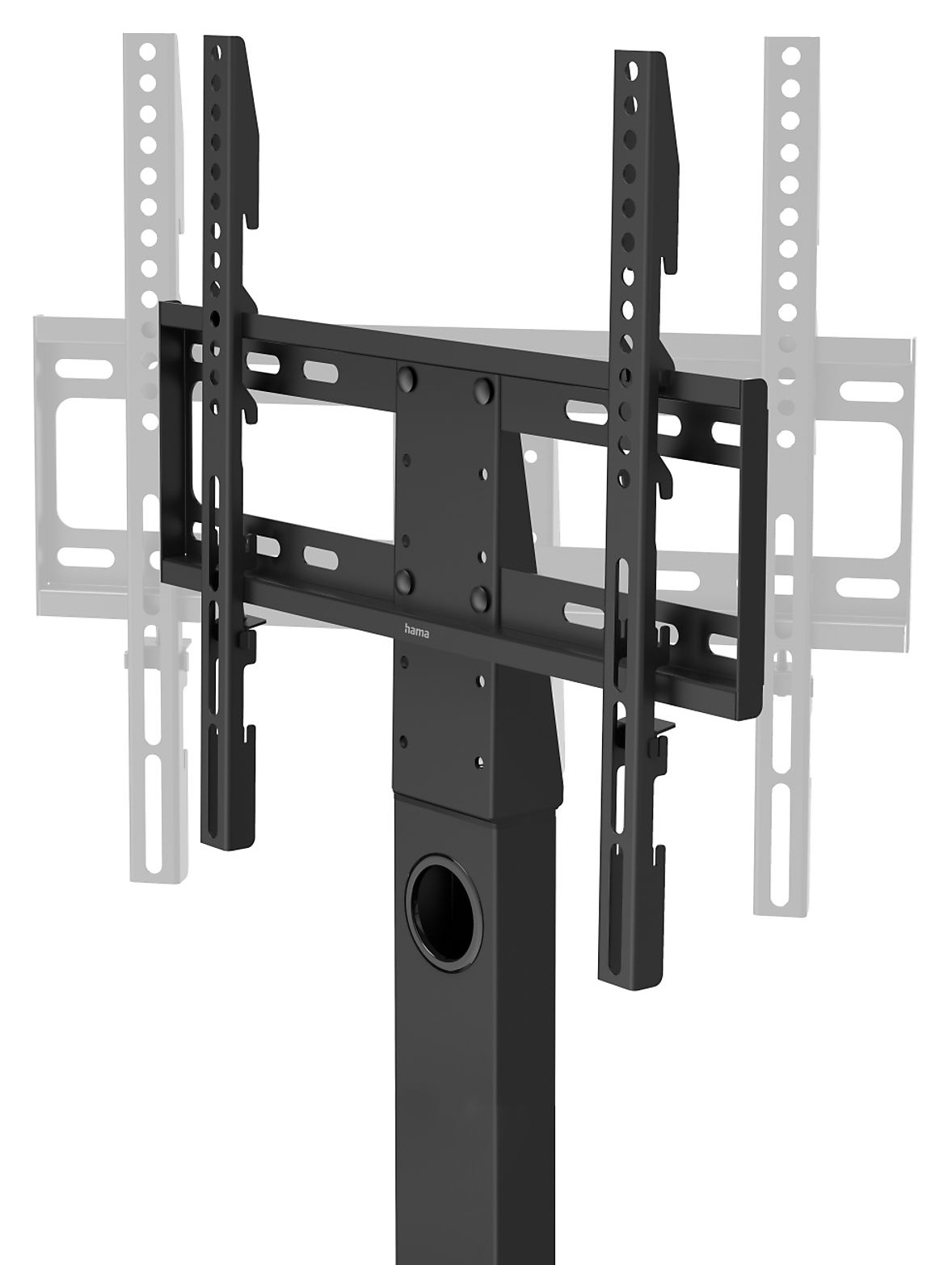 Czarny stojak pod telewizor z regulowanymi wspornikami, podstawą z otworem i ramionami podporowymi. Tło jest białe.