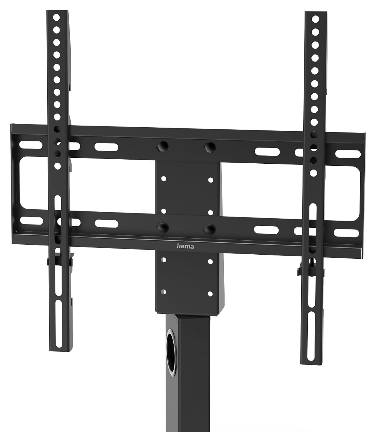 Czarny stojak pod telewizor. Ma dwa pionowe słupy z otworami, centralną płytę montażową z logo 'hama' i dolną podstawę.