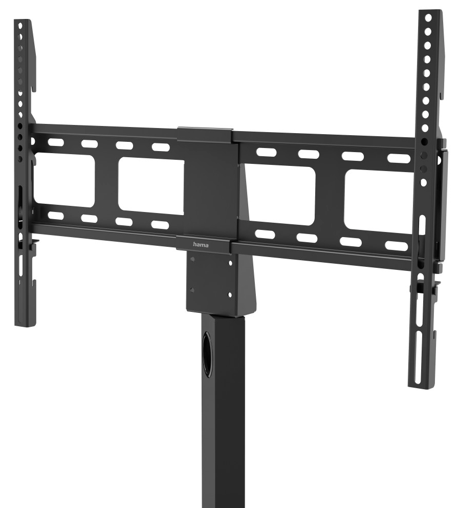Czarny stojak pod telewizor z regulowanymi ramionami i centralnym filarem. Widoczne logo 'hama'. Otwory i szczeliny do montażu.