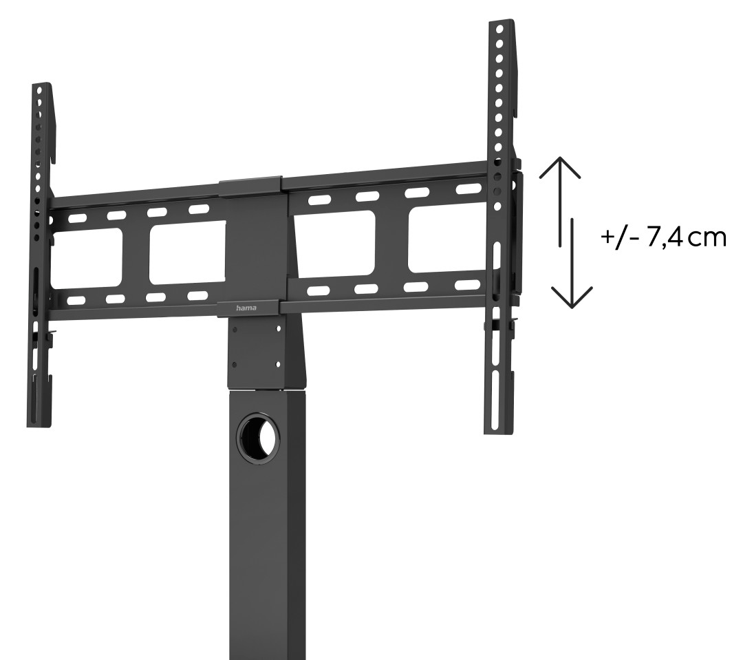 Widoczny jest czarny uchwyt ścienny do telewizora. Ma pionowy stojak i poziome wsporniki z logo 'hama'. Regulacja wysokości to +/- 7,4 cm.