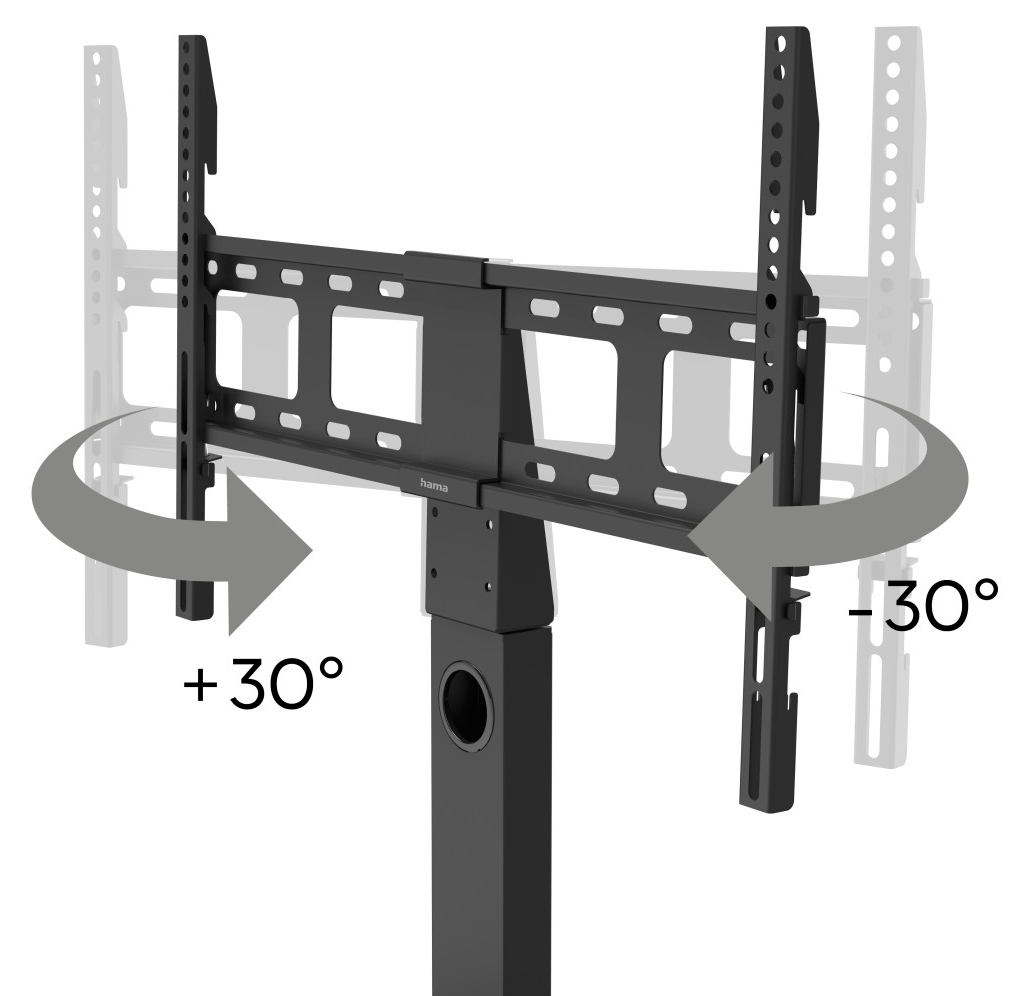 Czarny stojak pod telewizor z obrotowym ramieniem. Ramię może obracać się o 30 stopni w lewo i prawo. Stojak ma okrągły otwór.