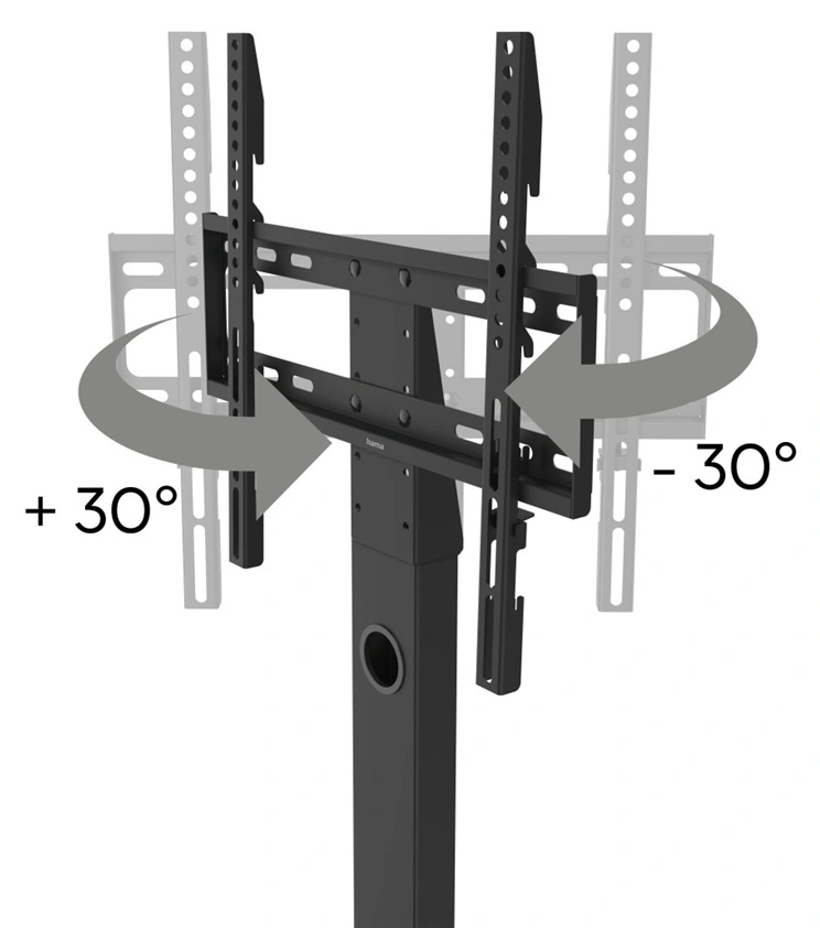 Czarny stojak pod telewizor z regulowanymi wspornikami, strzałkami obrotu i oznaczeniami stopni (+30°, -30°). Na białym tle.