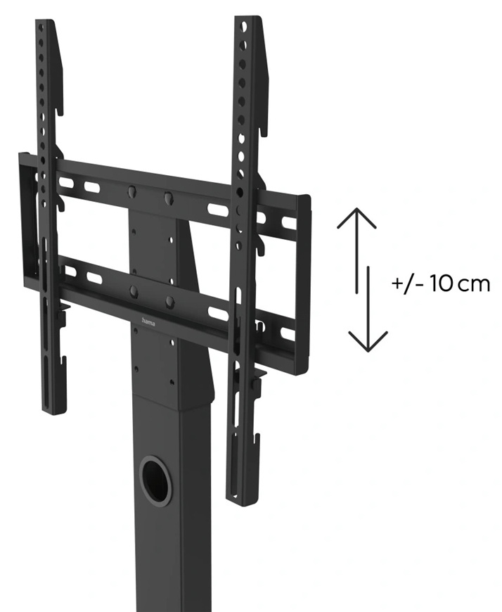 Czarny stojak pod telewizor z regulacją wysokości, strzałki wskazują +/- 10cm. Stojak ma prostokątną kolumnę z okrągłym otworem.
