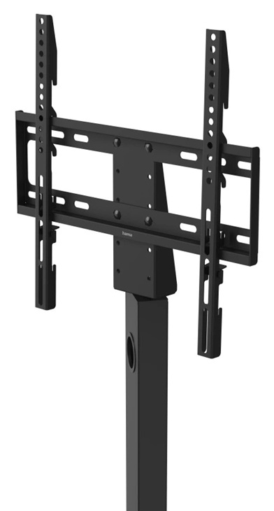 Czarny stojak pod telewizor. Ma prostokątną podstawę, pionowy słupek i uchwyt do montażu telewizora.