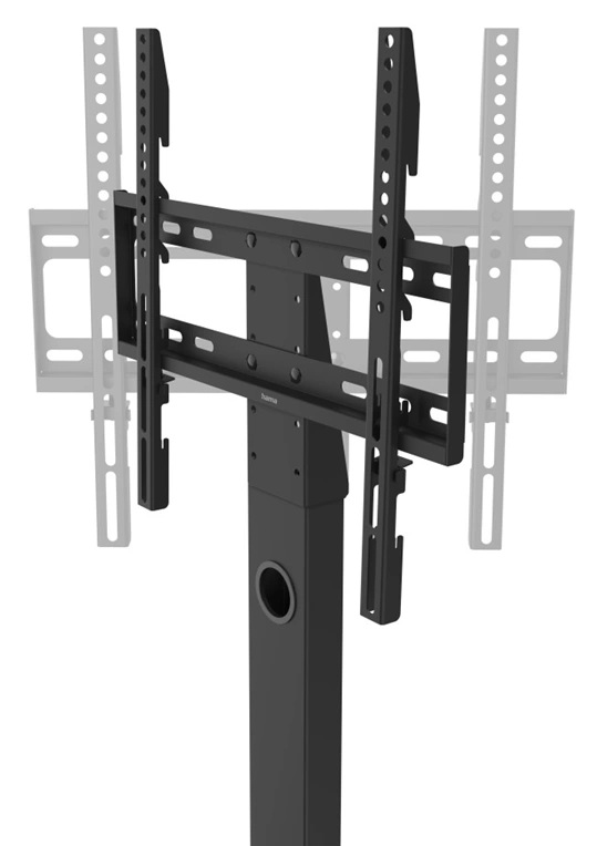 Czarny stojak pod telewizor z regulowanymi wspornikami. Stojak ma prostokątną podstawę z okrągłym otworem. Białe tło.