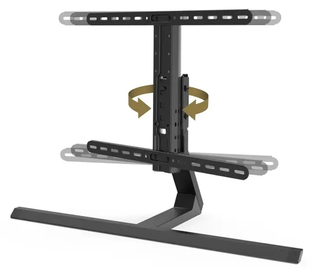 Czarny stojak pod telewizor z regulowanymi ramionami. Strzałki wskazują obrót. Stojak na białym tle.