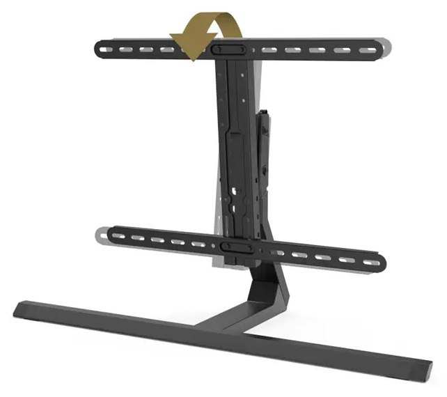 Czarny stojak pod telewizor z ramionami. Złota strzałka pokazuje mechanizm obrotowy. Stojak na białym tle.