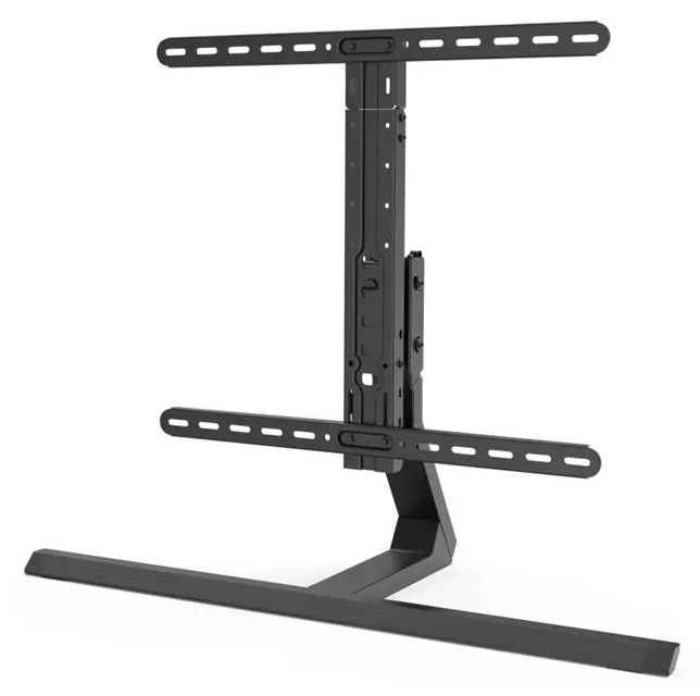 Czarny stojak pod telewizor na białym tle. Ma szeroką podstawę, centralne pionowe podparcie i dwa poziome ramiona do telewizora.
