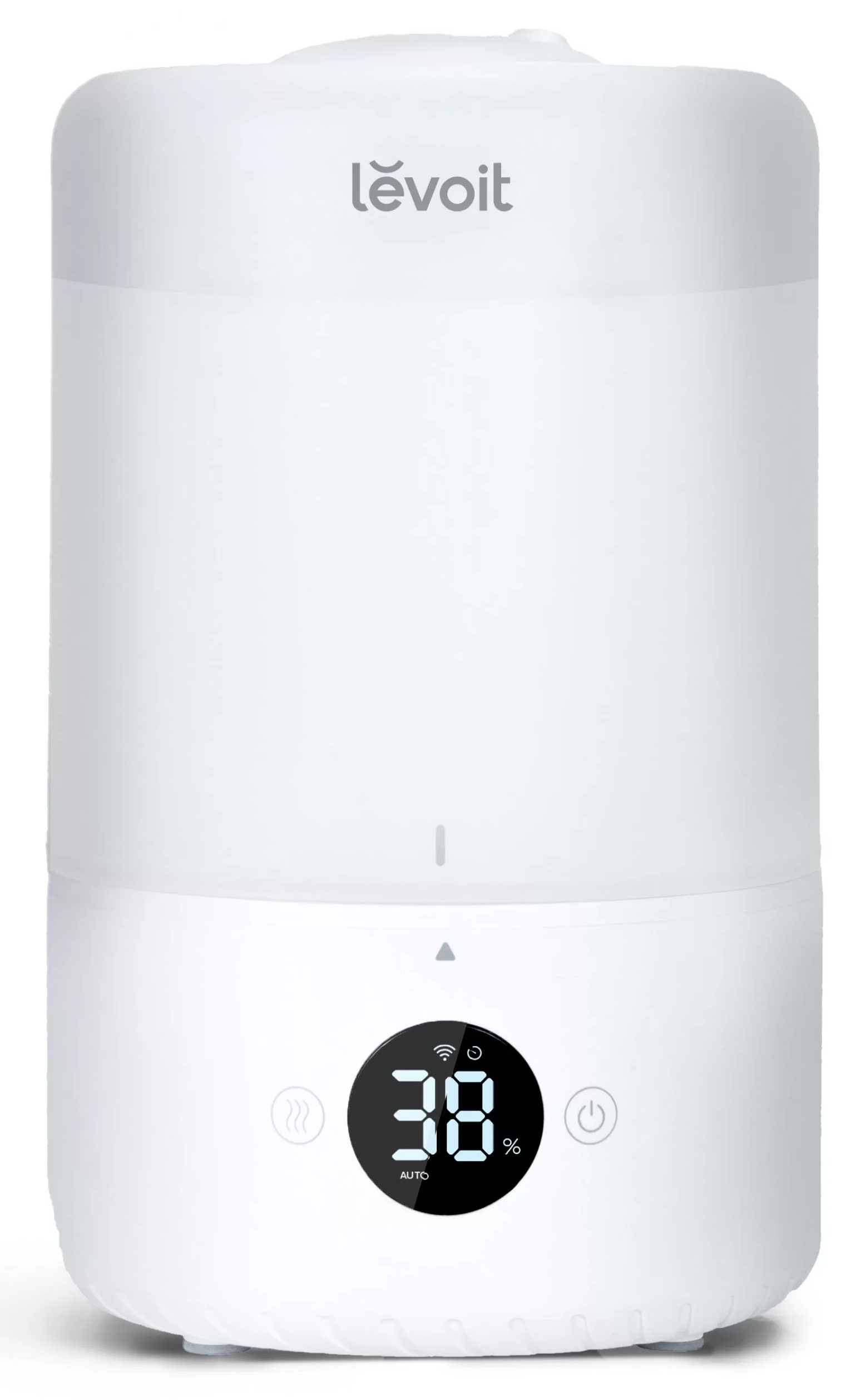 Biały nawilżacz powietrza Levoit. Posiada cyfrowy wyświetlacz pokazujący 38% wilgotności. Widoczny jest przycisk zasilania i inne ikony.