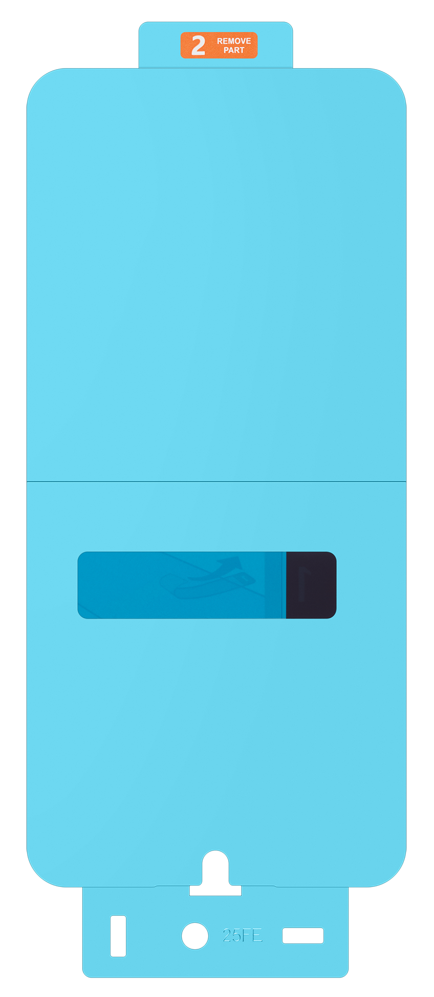 Jasnoniebieska plastikowa część na czarnym tle. Instrukcje wskazują na usunięcie części 2. Mała strzałka wskazuje kierunek.