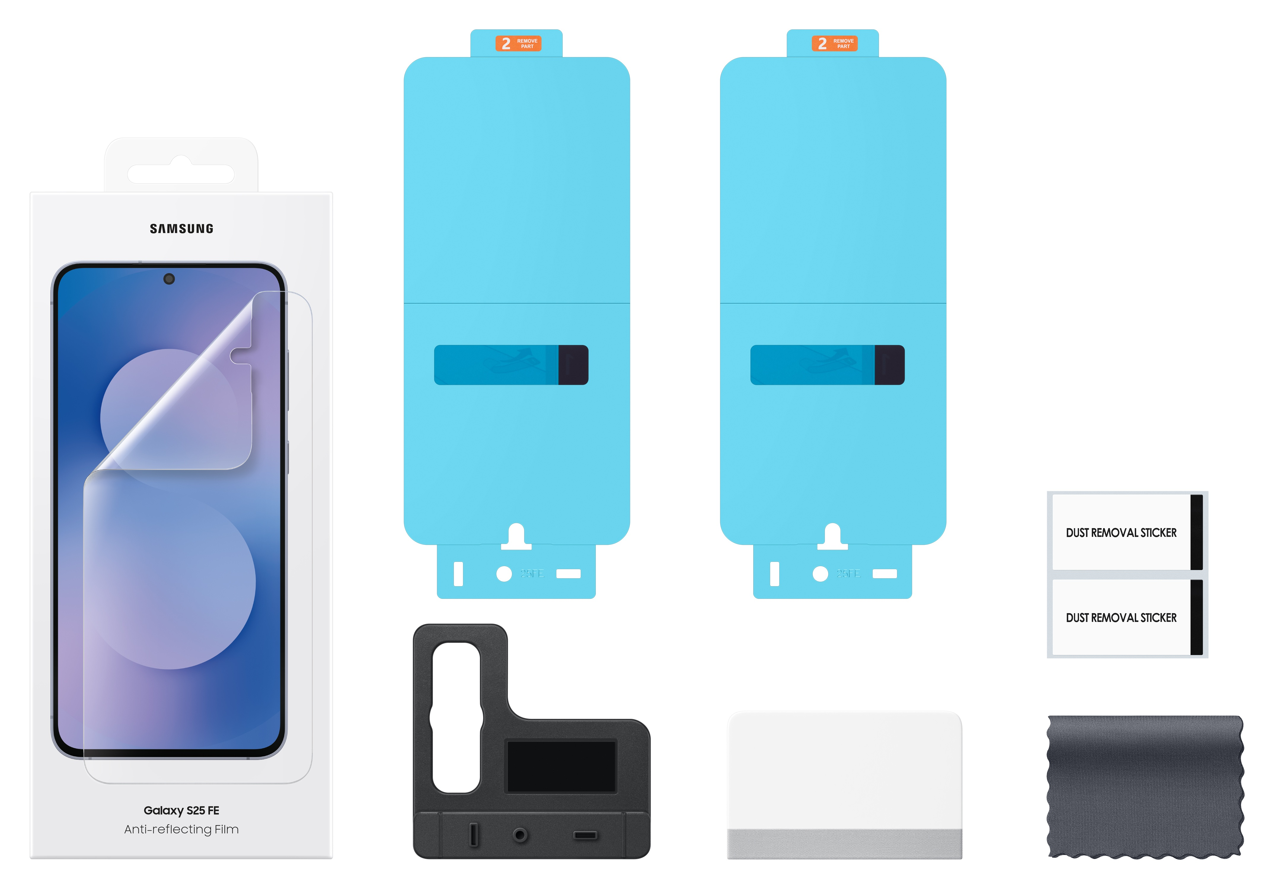 Obraz przedstawia zestaw ochraniacza ekranu. Zawiera etui na telefon, niebieskie narzędzia do aplikacji, ściereczkę do czyszczenia i naklejki przeciwpyłowe.