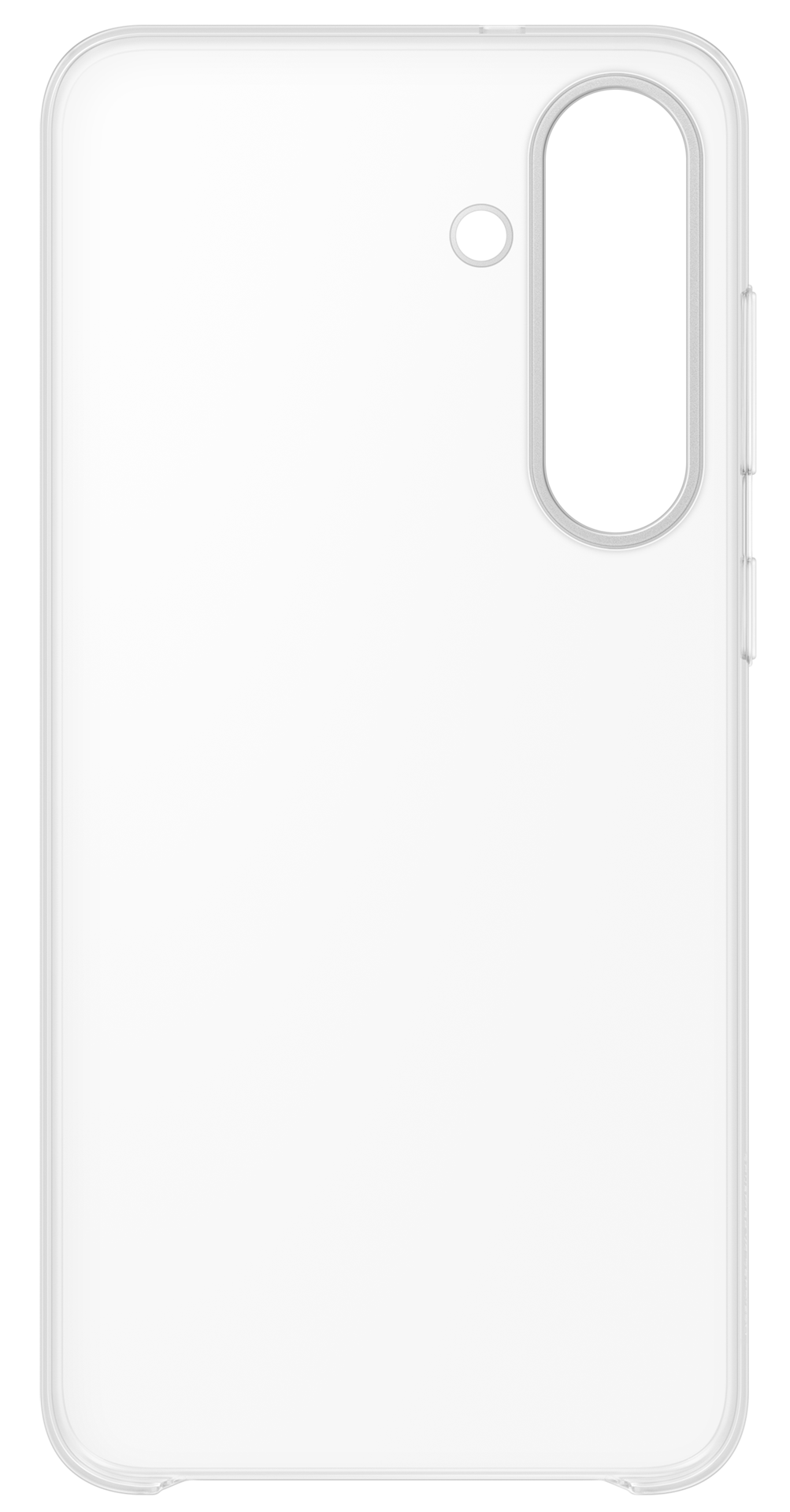 Białe etui na telefon z wycięciem na aparat i przyciskiem z boku. Czarna kropka widoczna na górze.