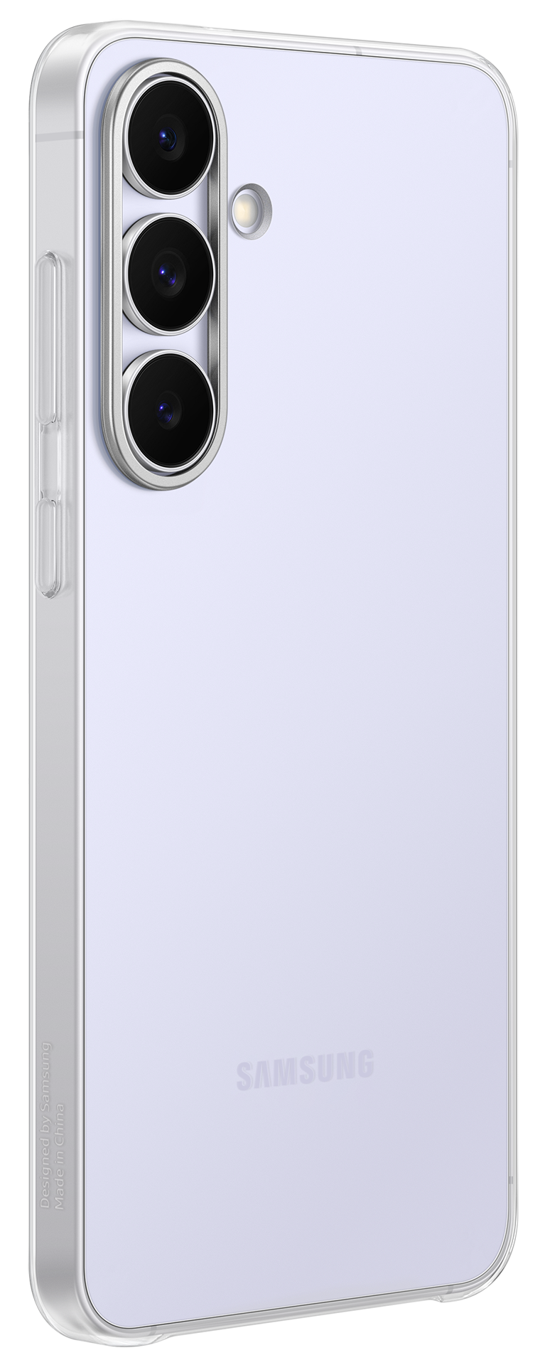 Jasnofioletowy telefon Samsung z przezroczystym etui. Ma trzy obiektywy aparatu i lampę błyskową. Widoczne jest logo Samsung.