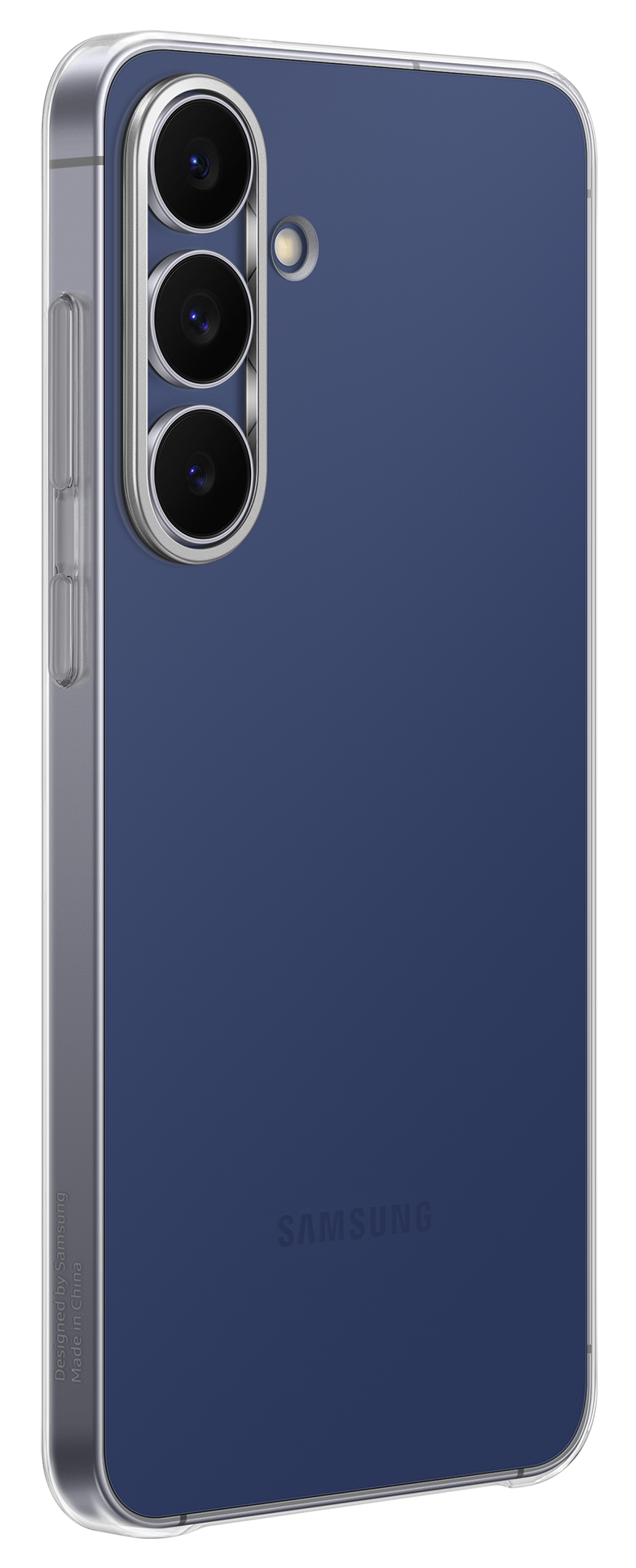 Niebieski telefon Samsung z przezroczystym etui. Ma trzy obiektywy aparatu, lampę błyskową i logo Samsung.