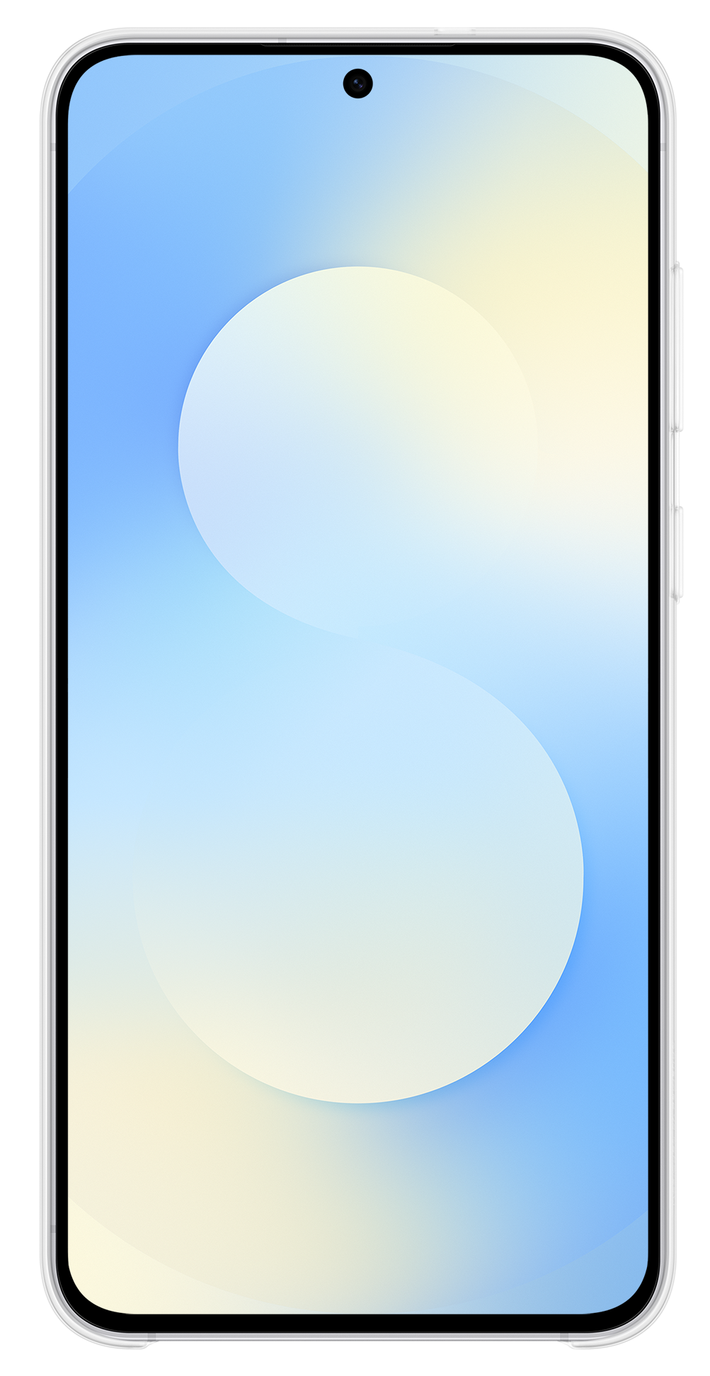 Smartfon z białą ramką, niebiesko-żółtym tłem gradientowym i pojedynczym przednim aparatem.
