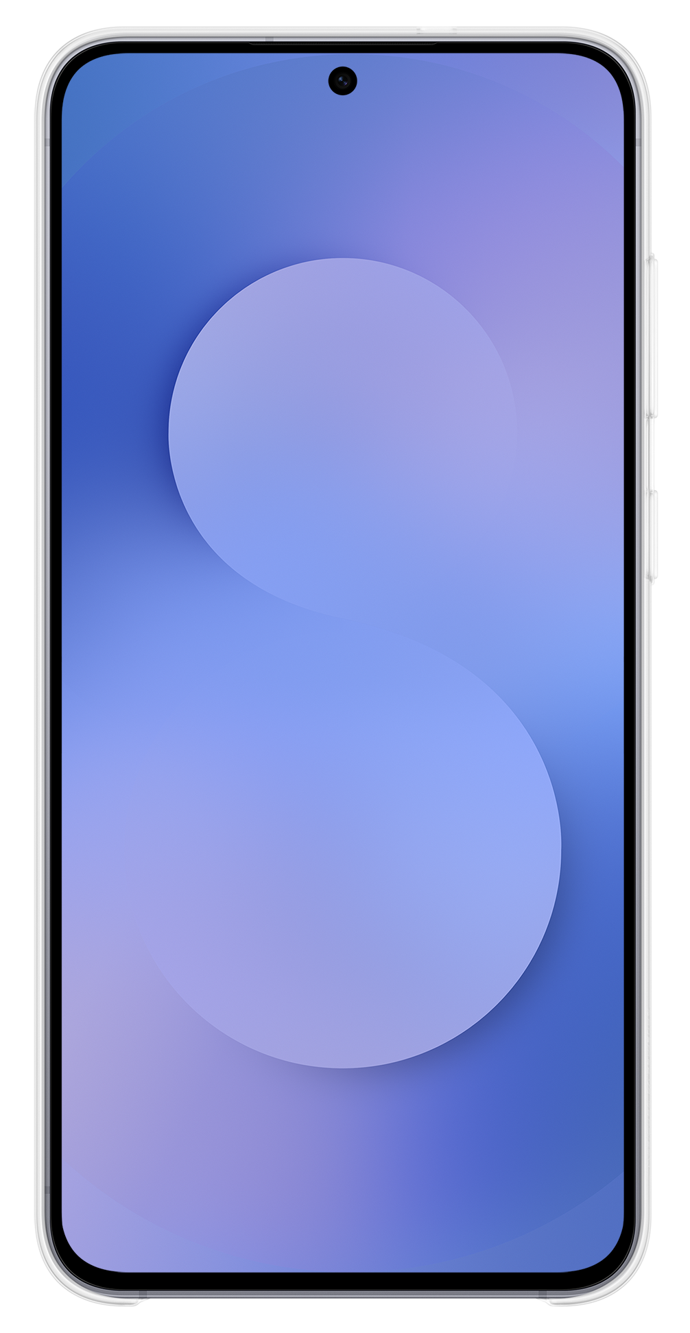 Smartfon z niebiesko-fioletowym gradientem na ekranie. Okrągły aparat u góry pośrodku. Srebrna ramka.