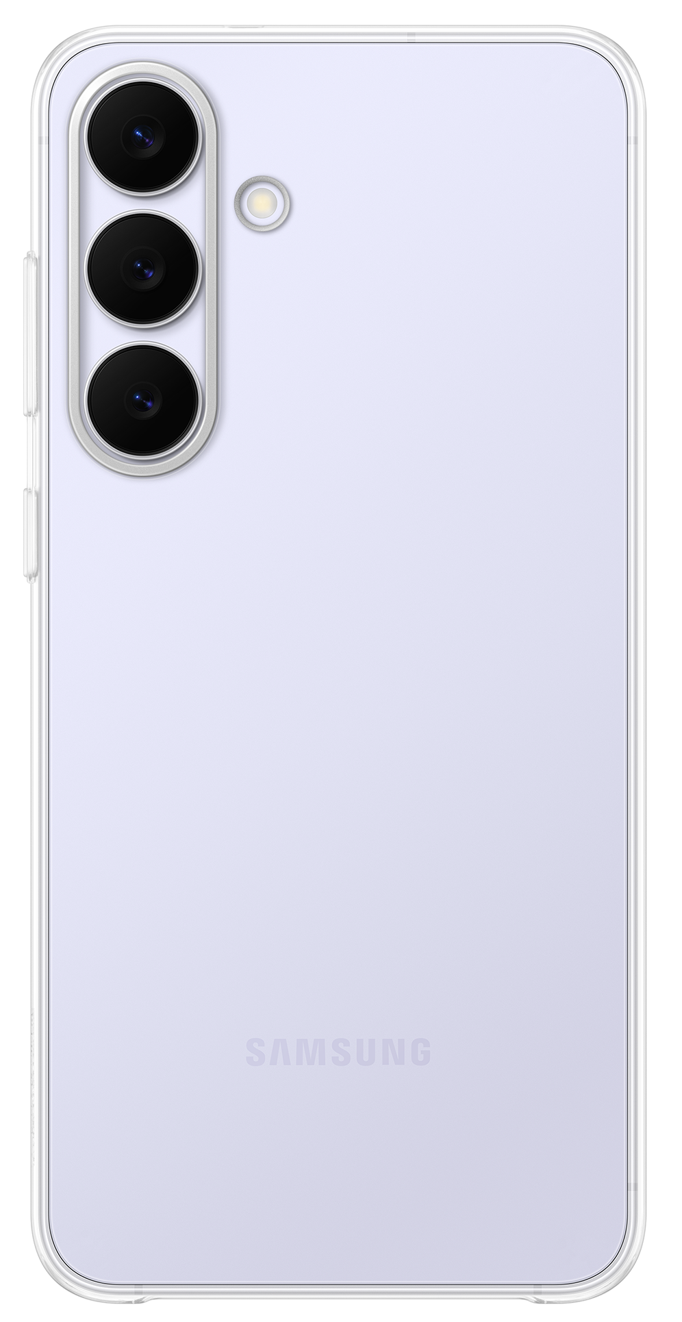 Jasnofioletowy tył telefonu Samsung z trzema aparatami, lampą błyskową i przezroczystym etui ochronnym. Logo Samsung na dole.