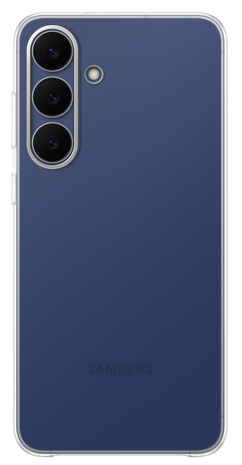 Ciemnoniebieski telefon Samsung. Po lewej stronie trzy obiektywy aparatu i lampa błyskowa, na dole logo Samsung.