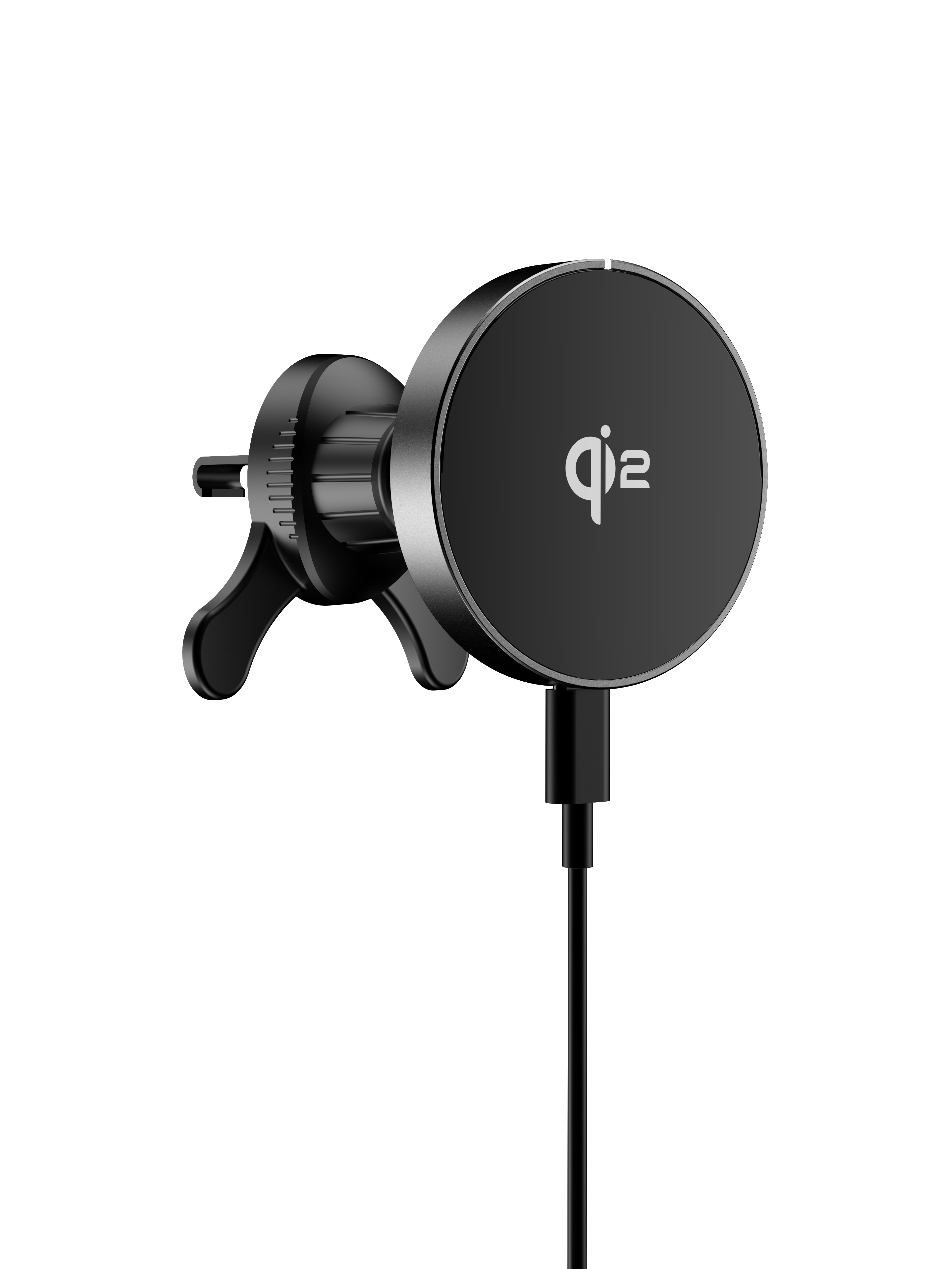 Czarny uchwyt samochodowy na telefon z ładowaniem bezprzewodowym. Ma okrągłą ładowarkę z logo Qi i czarny kabel.