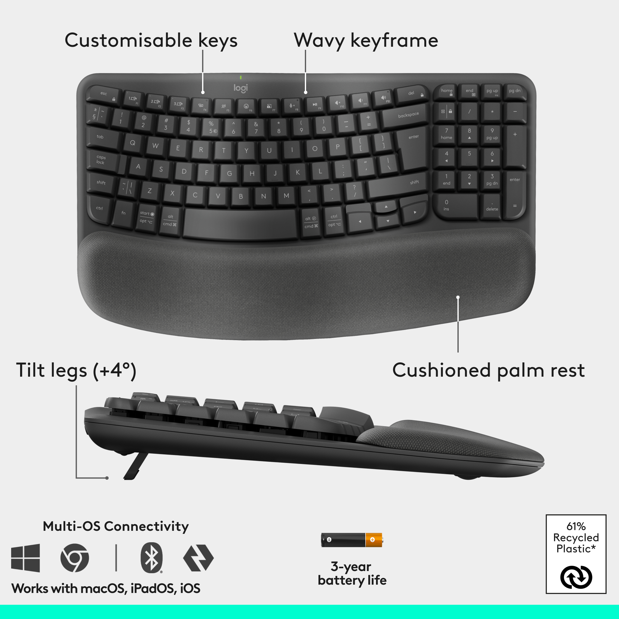 Clavier ergonomique noir avec cadre ondulé et repose-paume rembourré. Touches personnalisables, pieds inclinables, connectivité multi-OS.