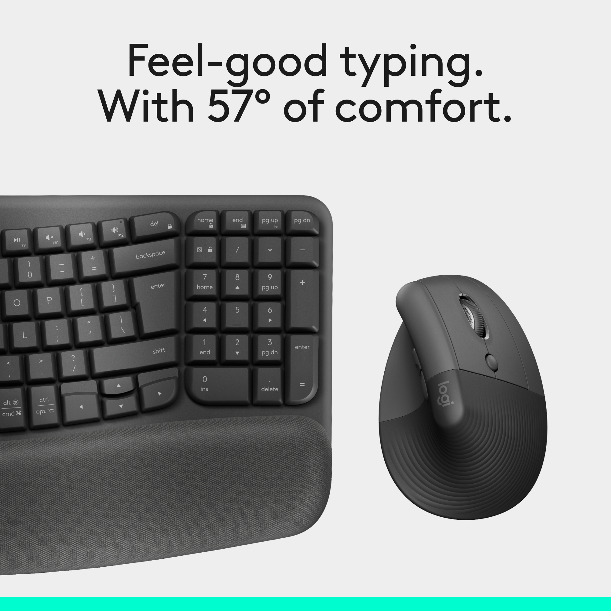 Un ensemble clavier et souris ergonomique. Le clavier est incurvé avec un repose-poignet. La souris est verticale et noire.