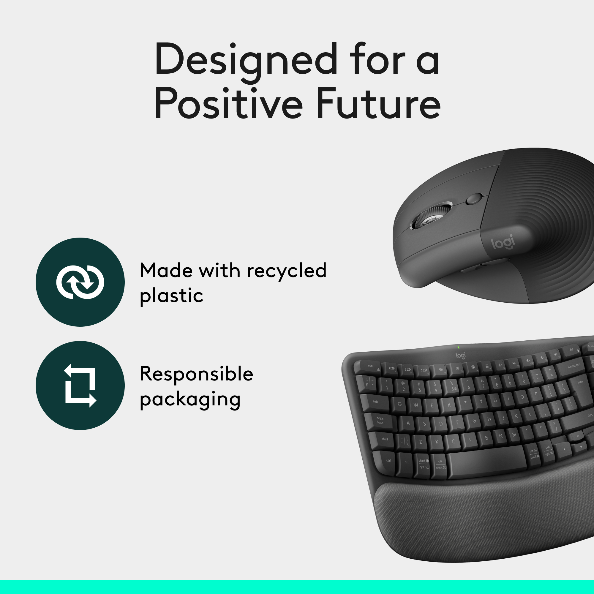 Clavier et souris Logitech noirs sur fond blanc. Texte : 'Conçu pour un avenir positif'.