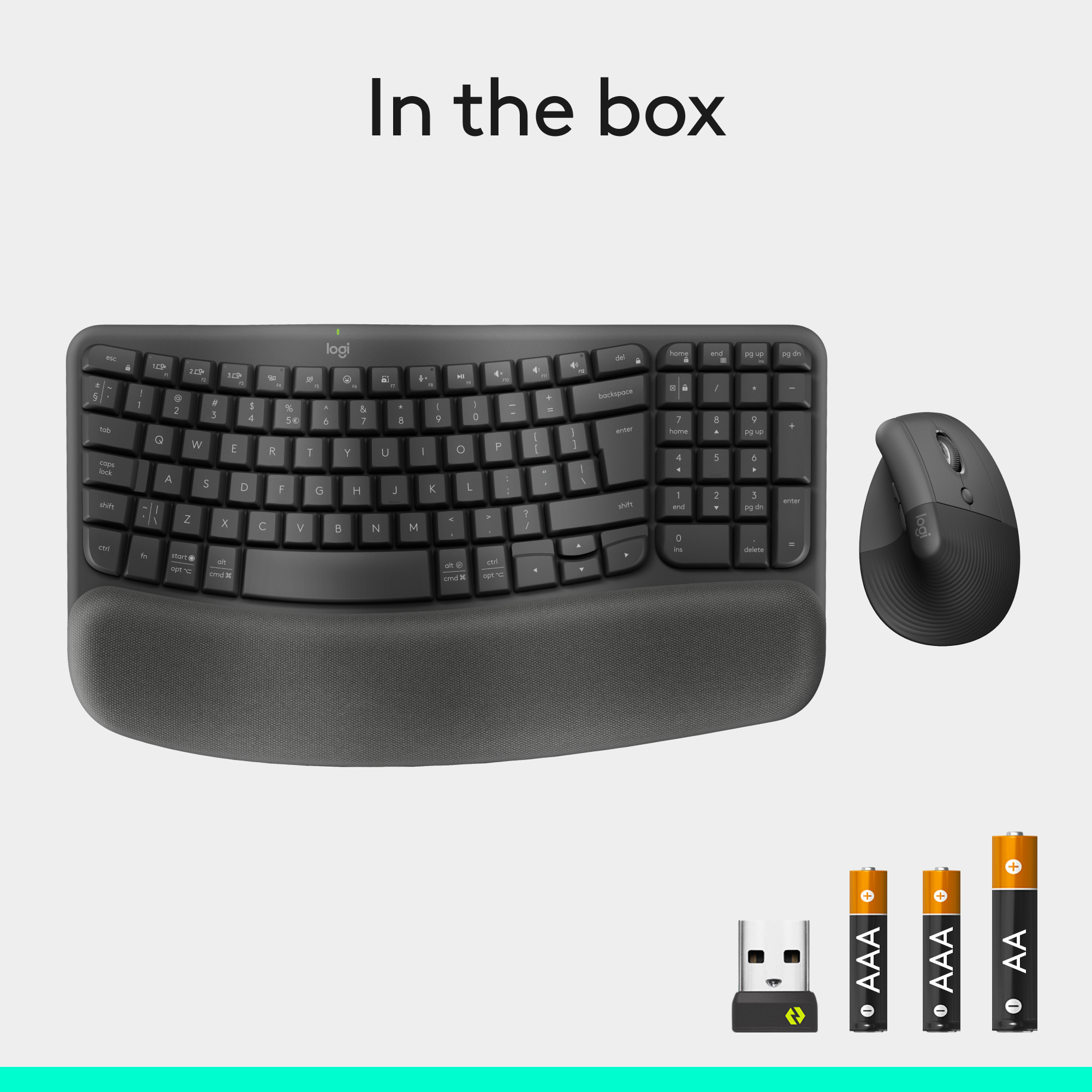 L'image montre un clavier, une souris, un récepteur USB et des piles Logitech. Tous les éléments sont noirs et gris.