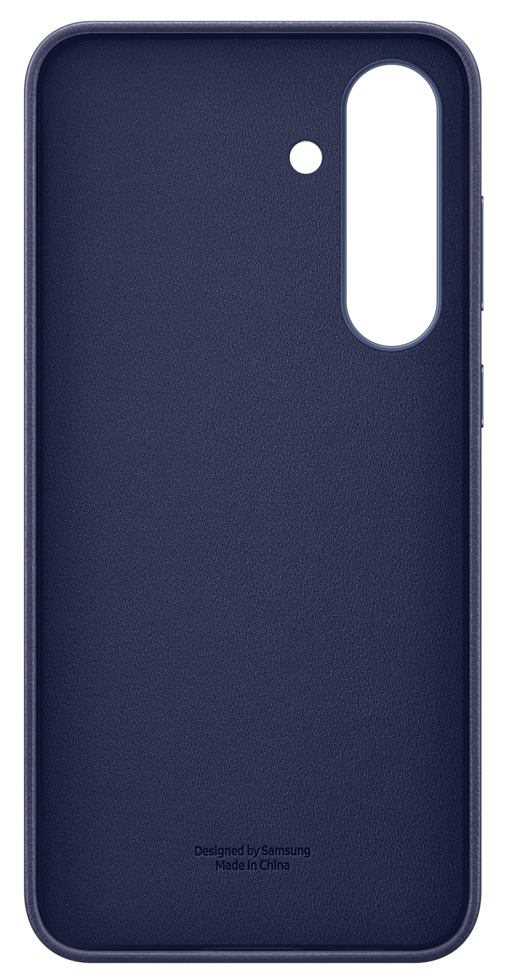 Ciemnoniebieskie etui na telefon z wycięciem na aparat i bocznymi przyciskami. Etui ma teksturowaną powierzchnię i czarne tło.