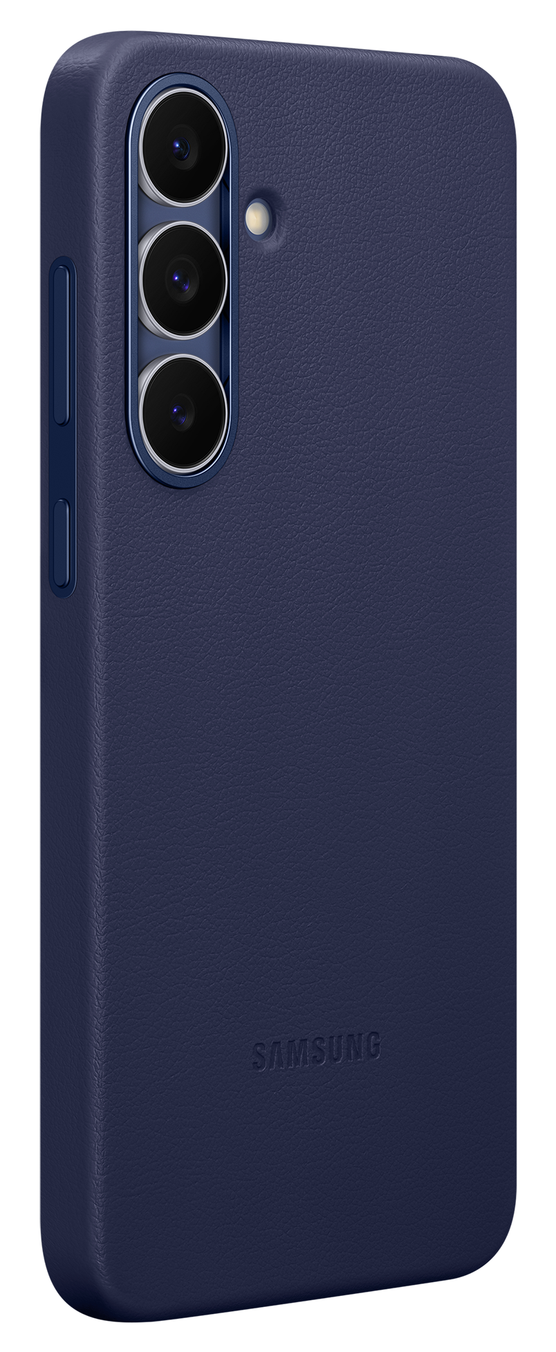 Granatowe etui na telefon z trzema obiektywami i lampą błyskową. Widoczne logo Samsung. Tło jest czarne.