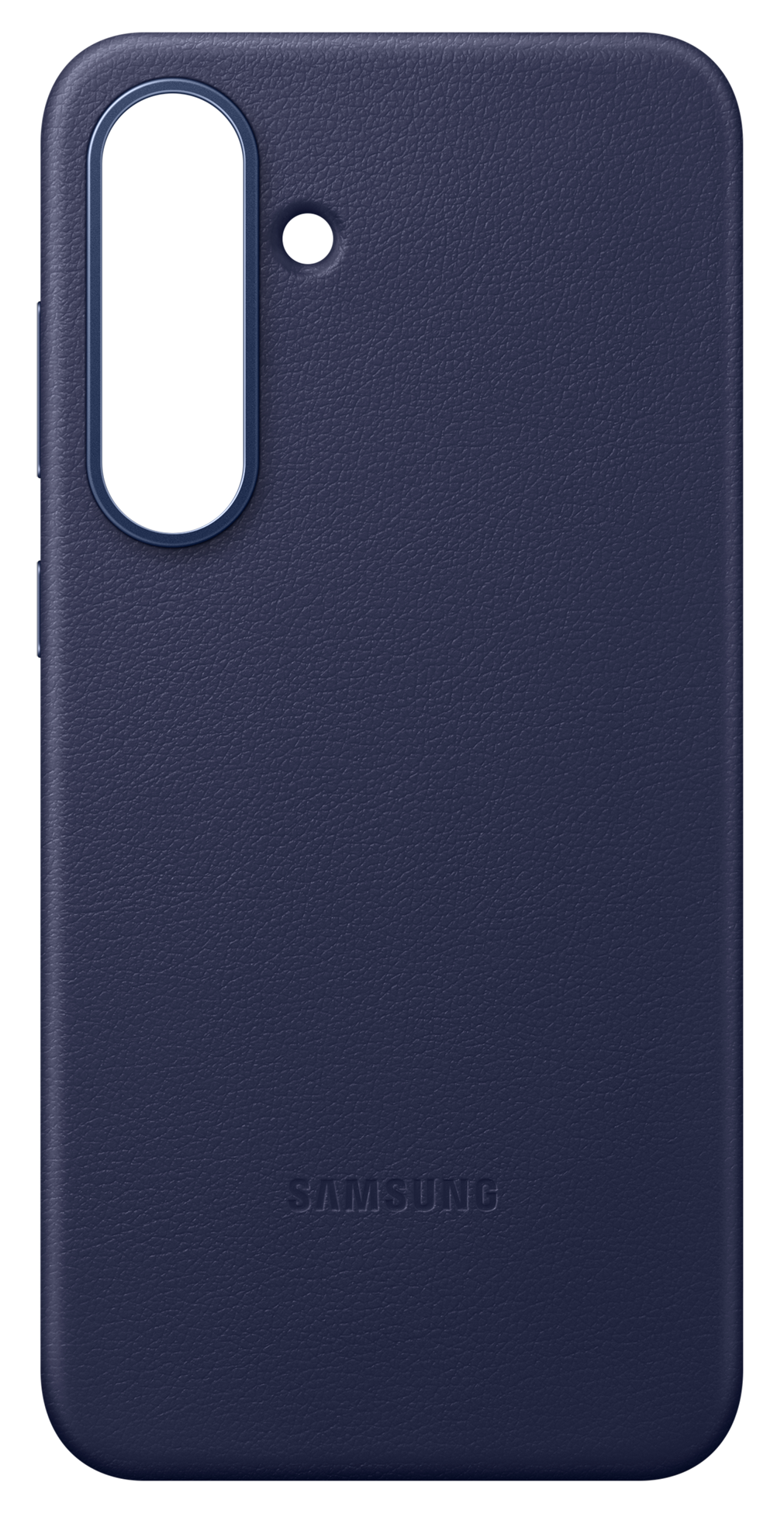 Ciemnoniebieskie etui na telefon z wycięciem na aparat i logo Samsung na dole. Tło jest czarne.