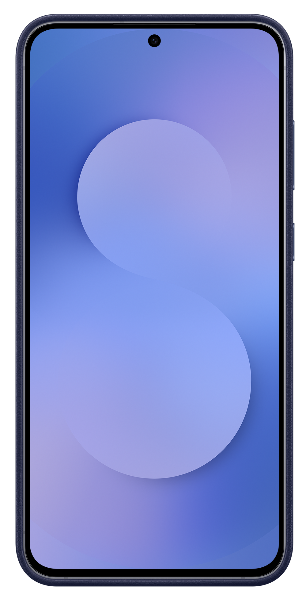 Smartfon z niebiesko-białym ekranem z gradientem. Posiada aparat na górze i ciemnoniebieską ramkę. Tło jest czarne.