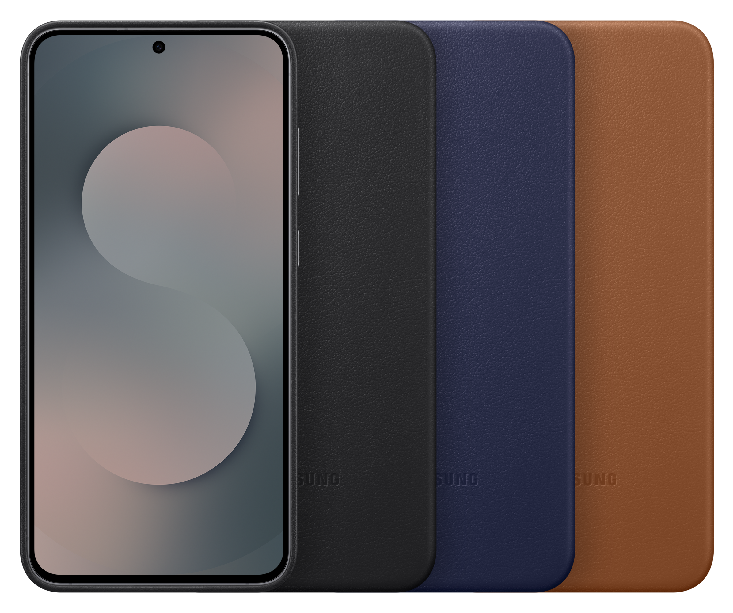 Smartfon wyświetla biały kształt litery S na ekranie. Obok są trzy skórzane etui na telefon: czarne, niebieskie i brązowe.