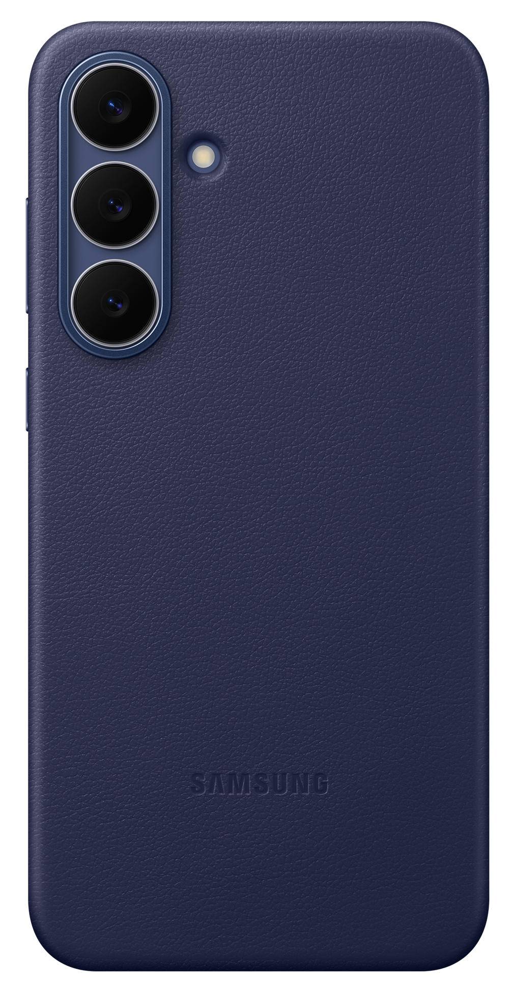 Granatowe etui na telefon, z trzema obiektywami i logo Samsung.