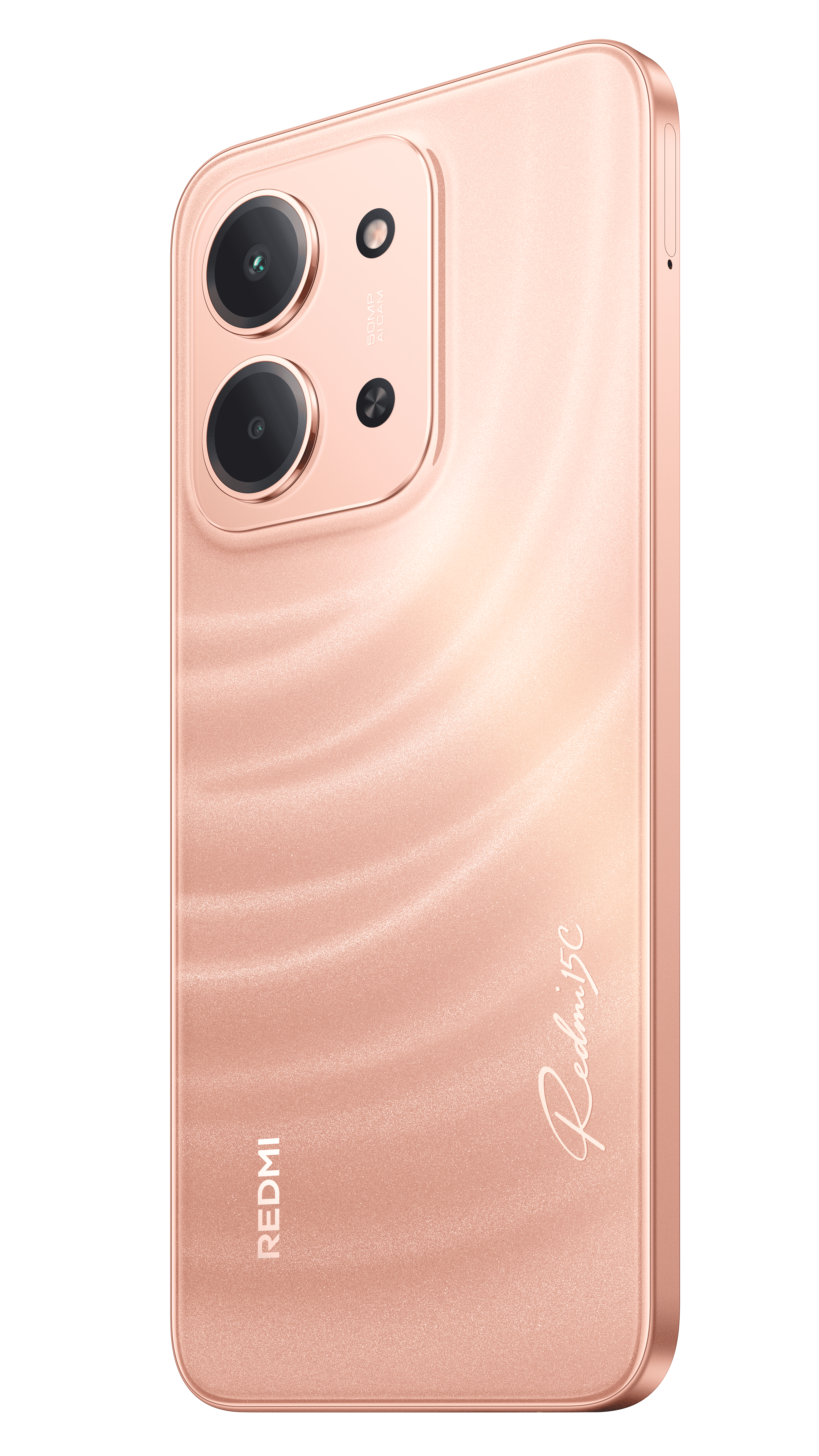 Gül altın rengi bir Redmi 5C akıllı telefon. Üç kamera merceği, bir flaşı ve Redmi logosu var. Arka plan siyahtır.