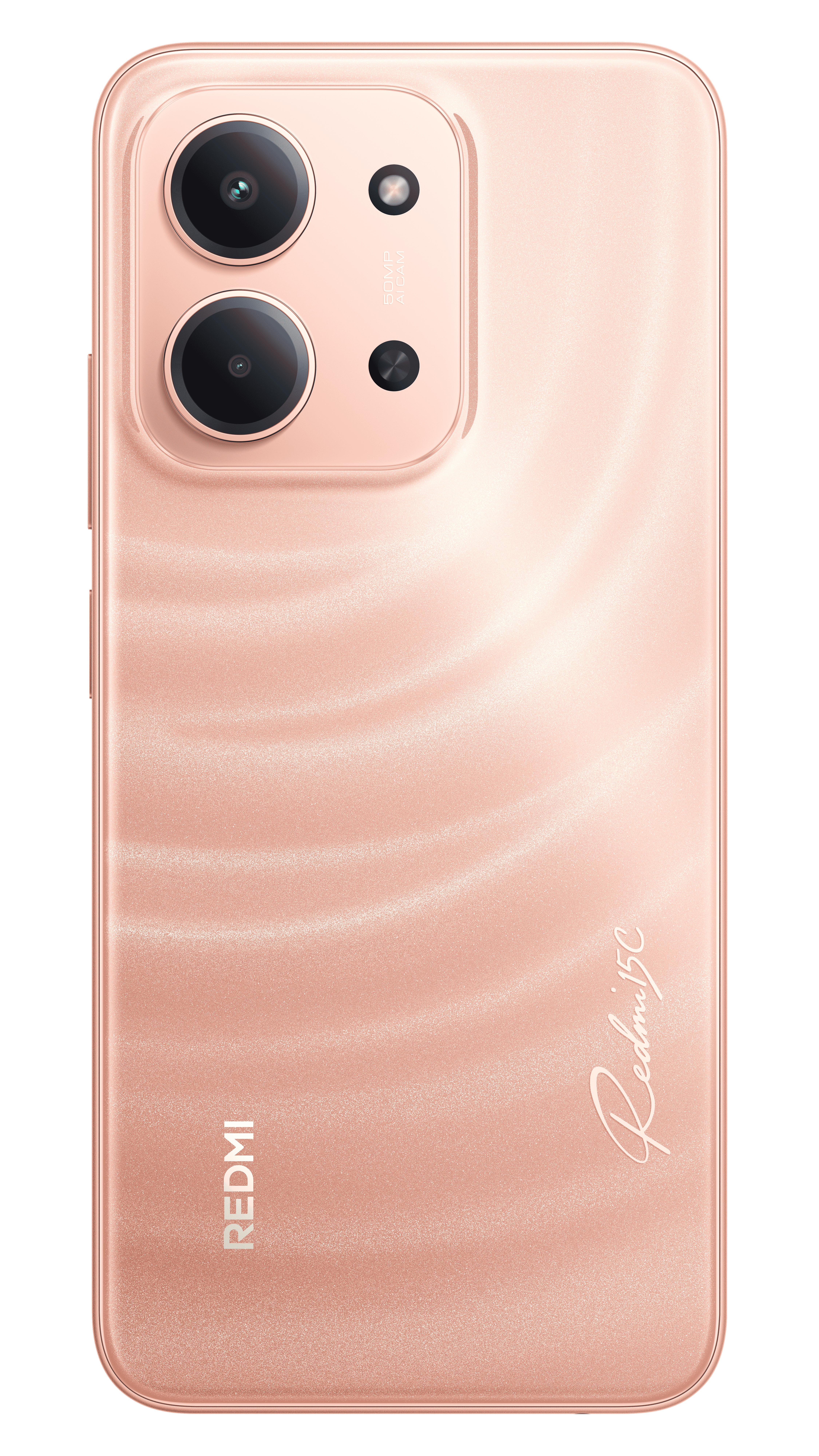 Pembe altın rengi Redmi 5C telefon arkası. İki kamera lensi, flaş ve 50MP AI CAM etiketi. Redmi ve Redmi 5C logoları görünür.